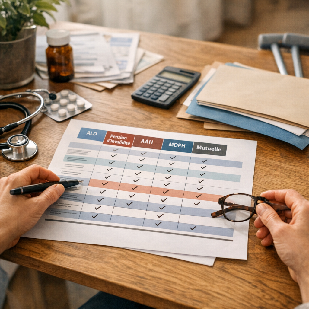 ALD, pension d'invalidité, AAH, MDPH, mutuelle : le tableau comparatif utile